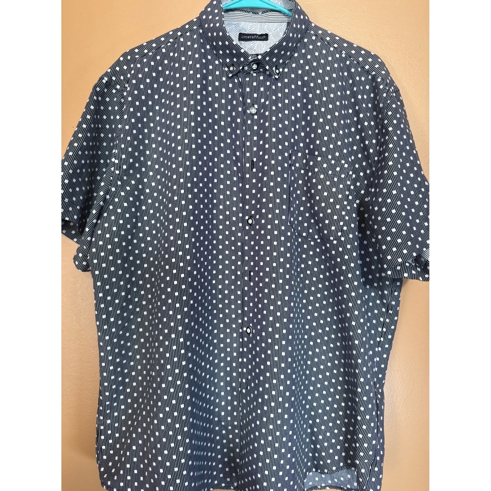 Interaffair Mens XL Blue White Geometric Square Print Short Sleeve Button Shirt